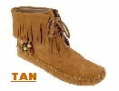 Women's Peace-Mocs Ankle-Hi Fringe Boot with lightweight rubber sole, fully lined, and padded insole. Made with soft, supple suede. Indoor/outdoor use. Colors: brown-tan and brown-chocolate